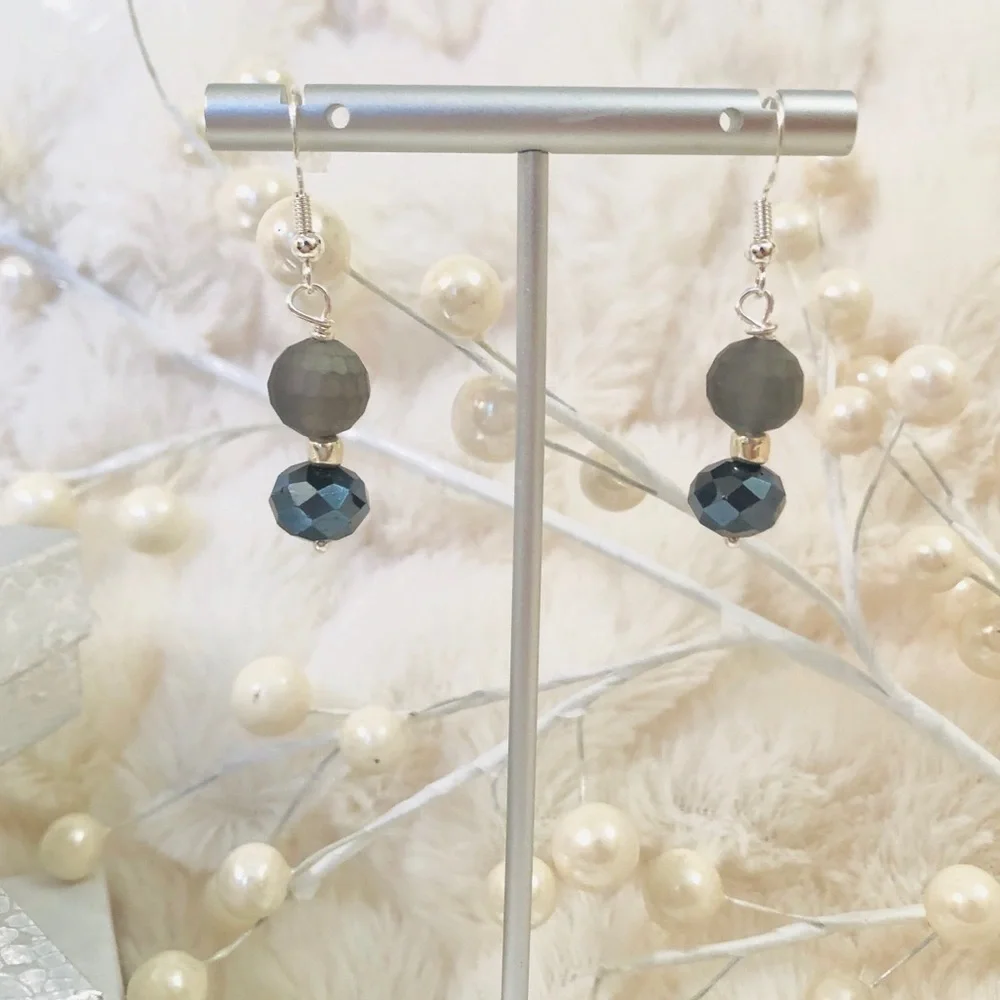 Sterling Silver Earrings Matte Grey Genuine Crystal Modern  Chic French Chic - Picture 9 of 13
